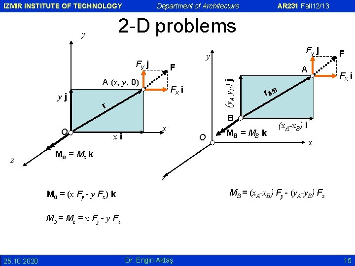 IZMIR INSTITUTE OF TECHNOLOGY Department of Architecture 2 -D problems Fy j y Fy