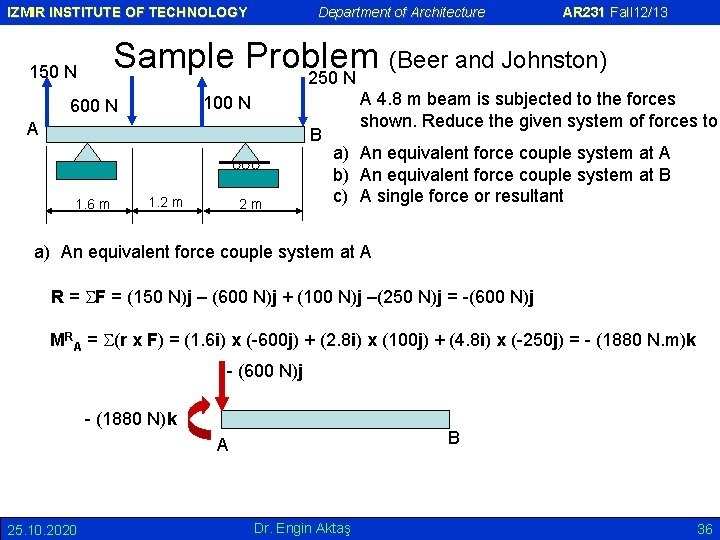 IZMIR INSTITUTE OF TECHNOLOGY Department of Architecture AR 231 Fall 12/13 Sample Problem (Beer