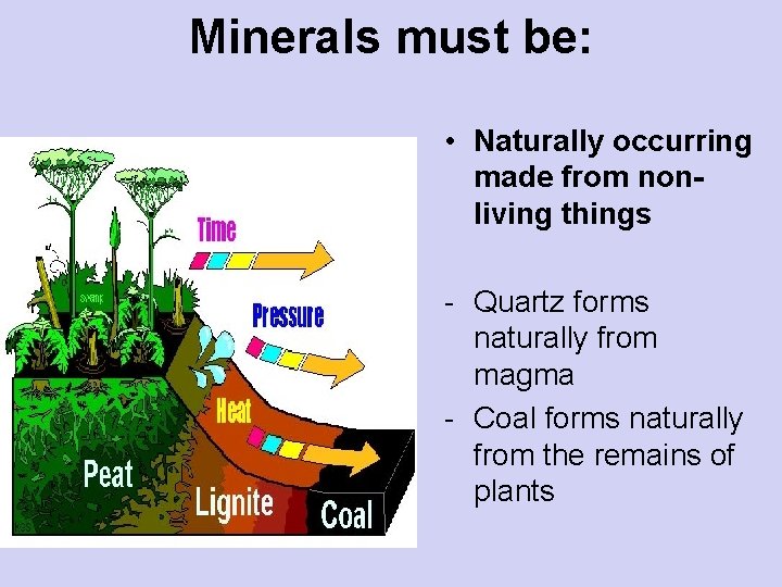 Minerals must be: • Naturally occurring made from nonliving things - Quartz forms naturally