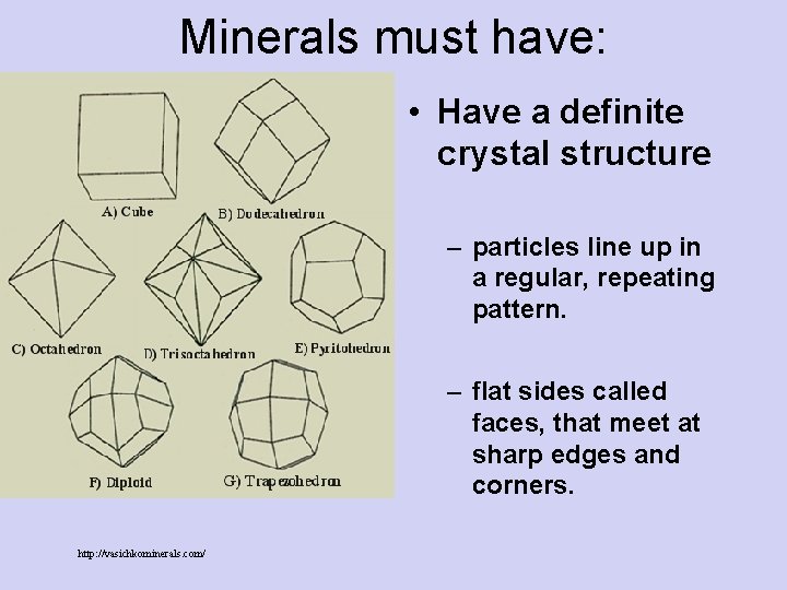 Minerals must have: • Have a definite crystal structure – particles line up in