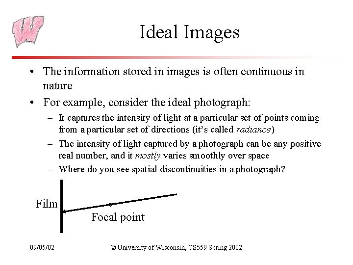 Ideal Images • The information stored in images is often continuous in nature •