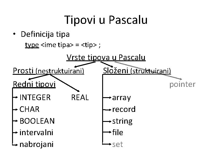 Tipovi u Pascalu • Definicija tipa type <ime tipa> = <tip> ; Vrste tipova