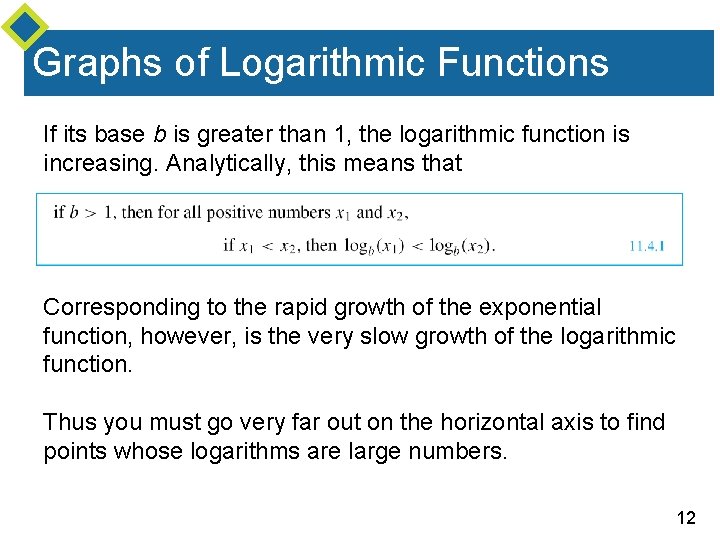 Graphs of Logarithmic Functions If its base b is greater than 1, the logarithmic