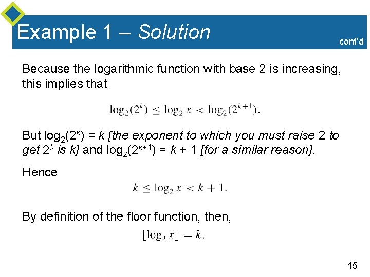Example 1 – Solution cont’d Because the logarithmic function with base 2 is increasing,