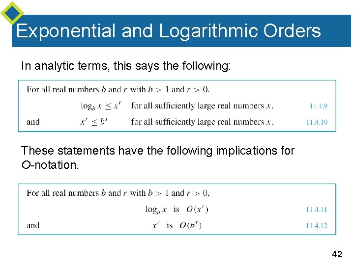 Exponential and Logarithmic Orders In analytic terms, this says the following: These statements have