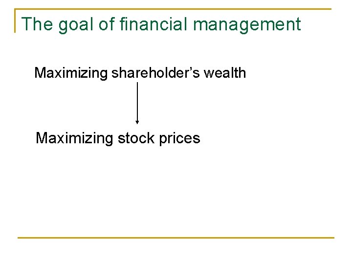 The goal of financial management Maximizing shareholder’s wealth Maximizing stock prices 