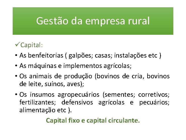 Gestão da empresa rural üCapital: • As benfeitorias ( galpões; casas; instalações etc )