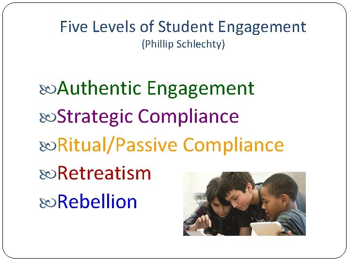 Five Levels of Student Engagement (Phillip Schlechty) Authentic Engagement Strategic Compliance Ritual/Passive Compliance Retreatism