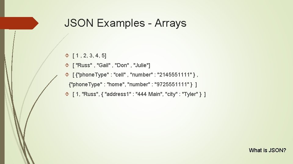 JSON Examples - Arrays [ 1 , 2, 3, 4, 5] [ "Russ" ,