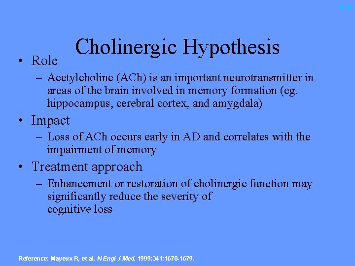 A-9 • Role Cholinergic Hypothesis – Acetylcholine (ACh) is an important neurotransmitter in areas