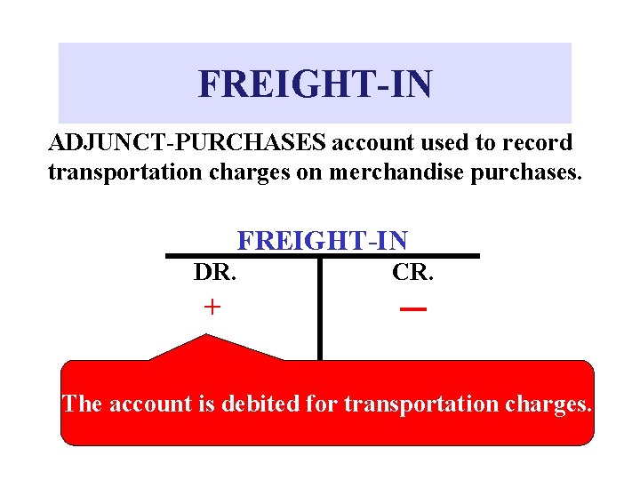 FREIGHT-IN ADJUNCT-PURCHASES account used to record transportation charges on merchandise purchases. FREIGHT-IN DR. CR.