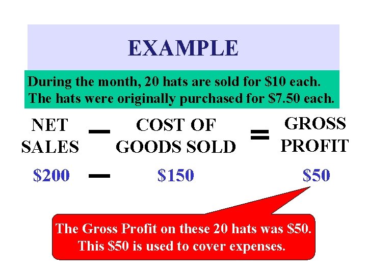 EXAMPLE During the month, 20 hats are sold for $10 each. The hats were