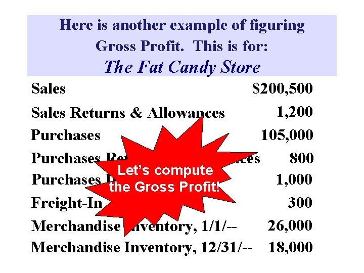 Here is another example of figuring Gross Profit. This is for: The Fat Candy