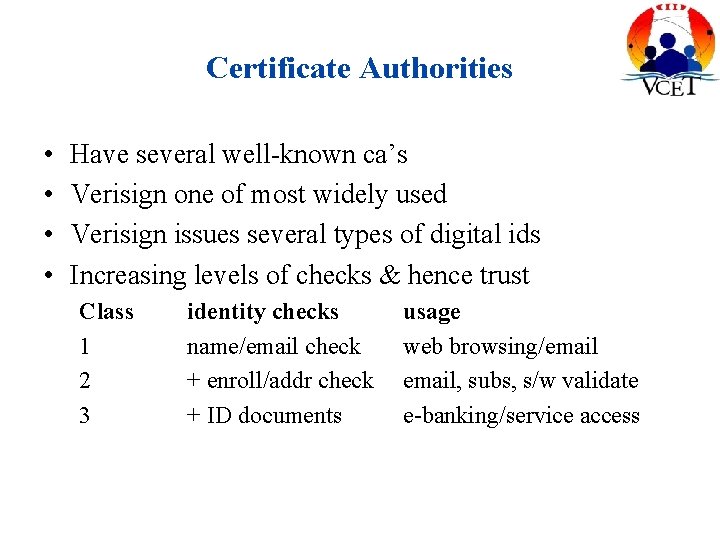 Certificate Authorities • • Have several well-known ca’s Verisign one of most widely used