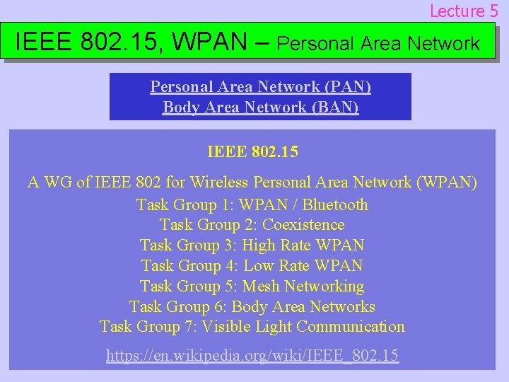 Lecture 5 IEEE 802. 15, WPAN – Personal Area Network (PAN) Body Area Network