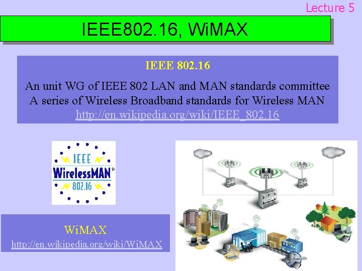 Lecture 5 IEEE 802. 16, Wi. MAX IEEE 802. 16 An unit WG of