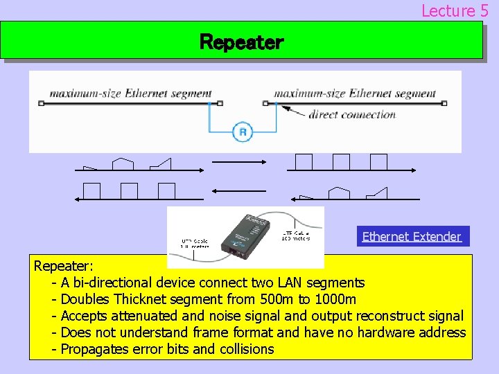 Lecture 5 Repeater Ethernet Extender Repeater: - A bi-directional device connect two LAN segments