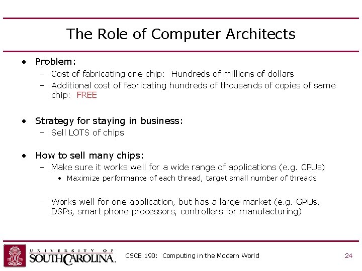The Role of Computer Architects • Problem: – Cost of fabricating one chip: Hundreds The Role of Computer Architects • Problem: – Cost of fabricating one chip: Hundreds