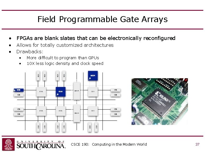 Field Programmable Gate Arrays • FPGAs are blank slates that can be electronically reconfigured Field Programmable Gate Arrays • FPGAs are blank slates that can be electronically reconfigured