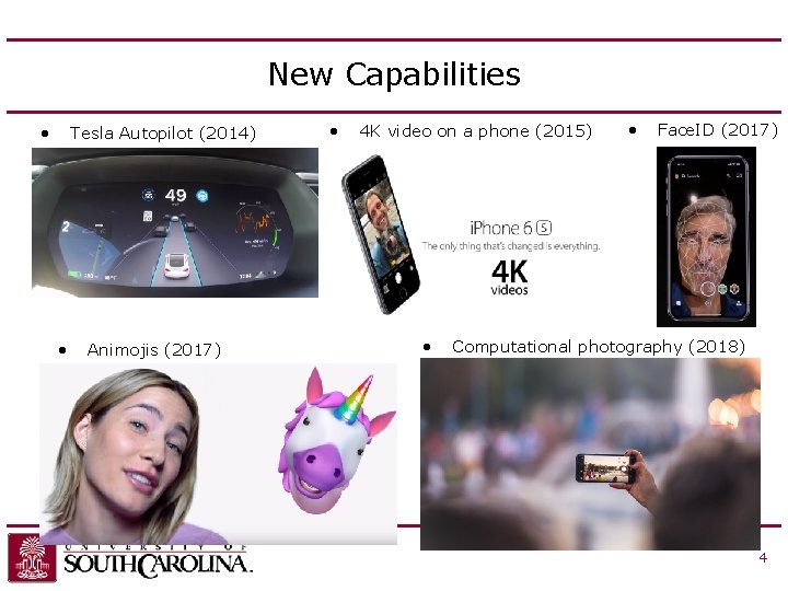 New Capabilities • Tesla Autopilot (2014) • Animojis (2017) • 4 K video on New Capabilities • Tesla Autopilot (2014) • Animojis (2017) • 4 K video on