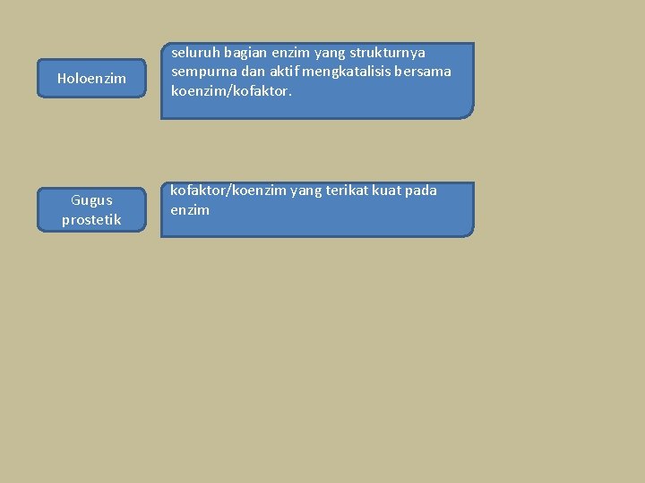 Holoenzim Gugus prostetik seluruh bagian enzim yang strukturnya sempurna dan aktif mengkatalisis bersama koenzim/kofaktor.