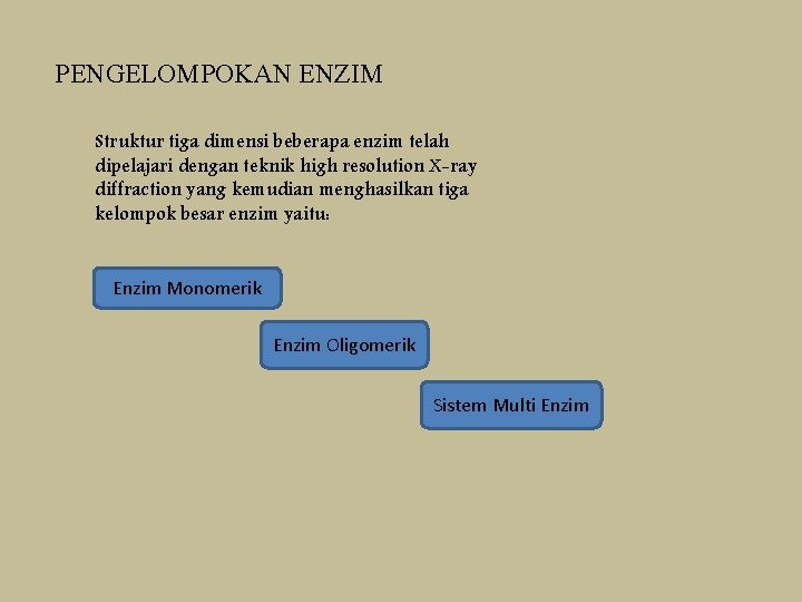 PENGELOMPOKAN ENZIM Struktur tiga dimensi beberapa enzim telah dipelajari dengan teknik high resolution X-ray