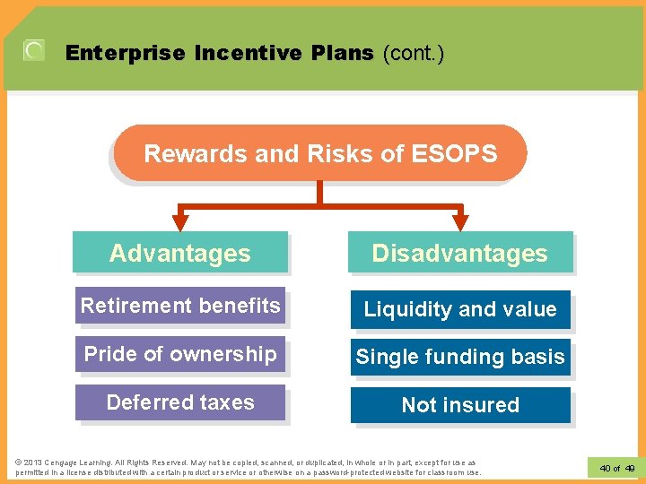 Enterprise Incentive Plans (cont. ) Rewards and Risks of ESOPS Advantages Disadvantages Retirement benefits