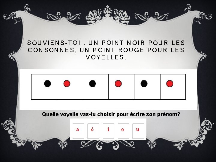 SOUVIENS-TOI : UN POINT NOIR POUR LES CONSONNES, UN POINT ROUGE POUR LES VOYELLES.