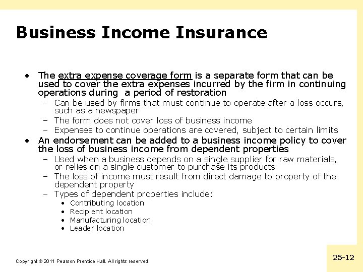 Business Income Insurance • The extra expense coverage form is a separate form that