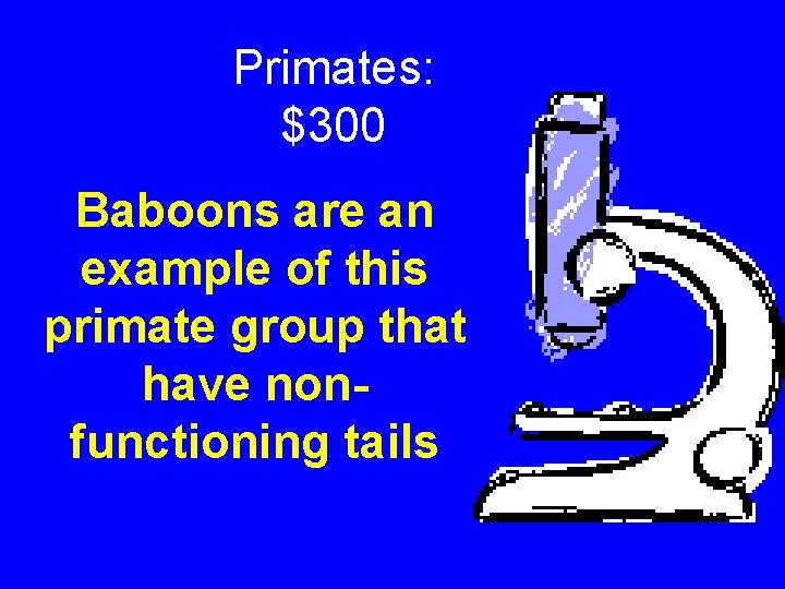 Primates: $300 Baboons are an example of this primate group that have nonfunctioning tails Primates: $300 Baboons are an example of this primate group that have nonfunctioning tails