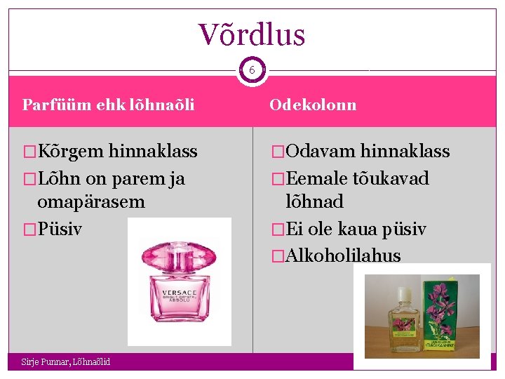 Võrdlus 6 Parfüüm ehk lõhnaõli Odekolonn �Kõrgem hinnaklass �Odavam hinnaklass �Lõhn on parem ja