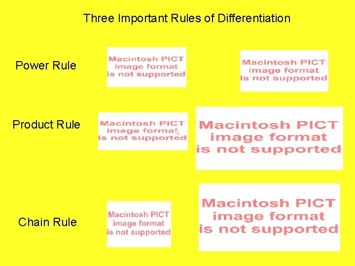Three Important Rules of Differentiation Power Rule Product Rule Chain Rule 