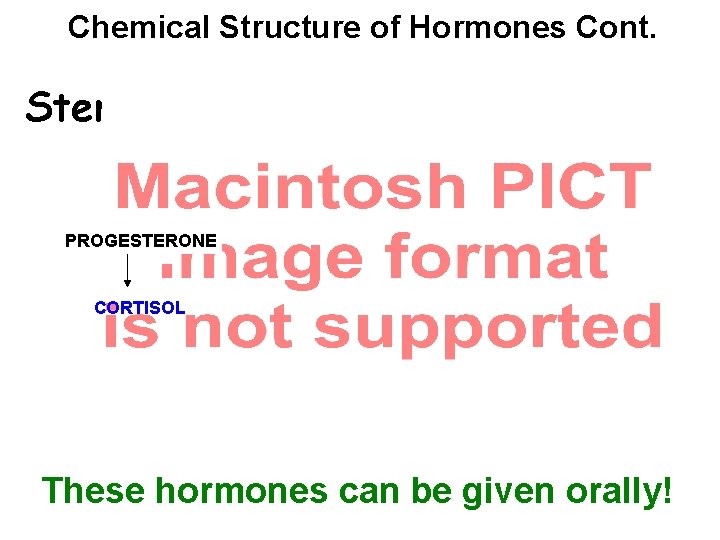 Chemical Structure of Hormones Cont. Steroids PROGESTERONE CORTISOL These hormones can be given orally!