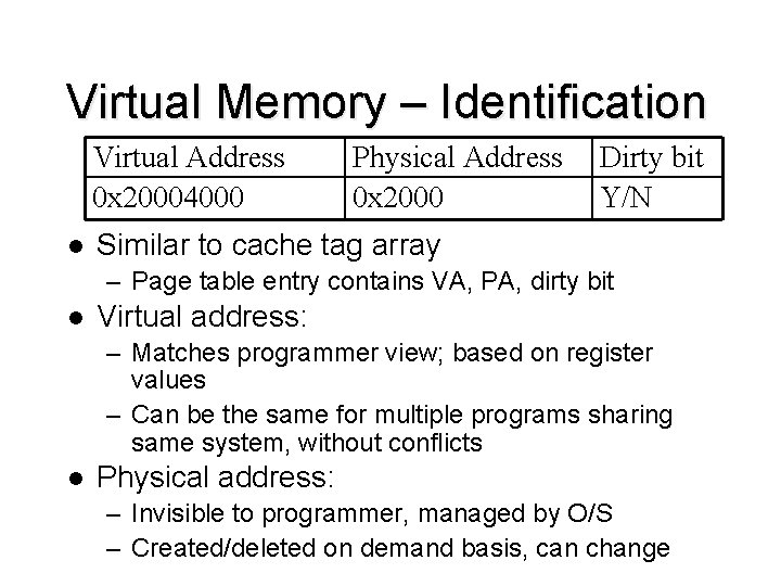 Virtual Memory – Identification Virtual Address 0 x 20004000 l Physical Address 0 x