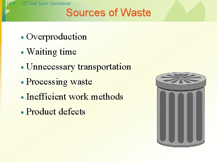 14 -6 JIT and Lean Operations Sources of Waste · Overproduction · Waiting time