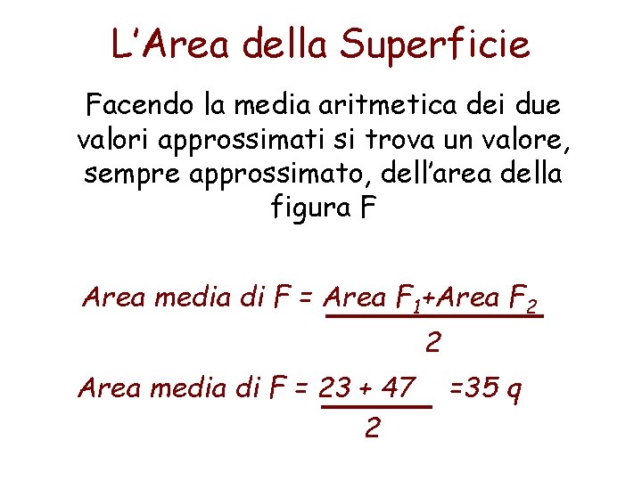 L’Area della Superficie Facendo la media aritmetica dei due valori approssimati si trova un