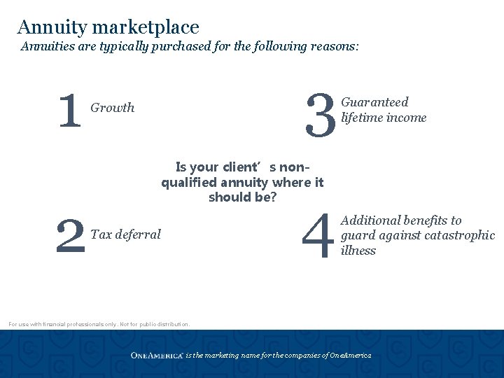 Annuity marketplace Annuities are typically purchased for the following reasons: 1 2 3 Growth