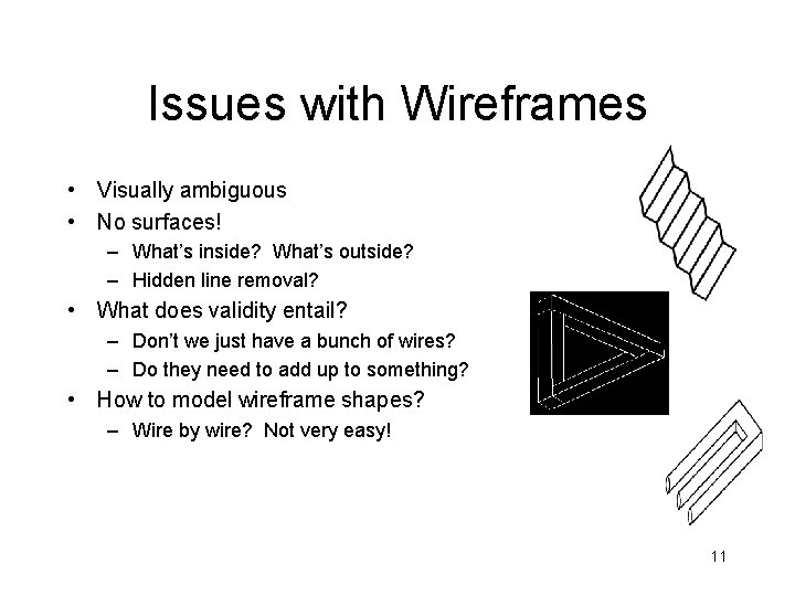 Issues with Wireframes • Visually ambiguous • No surfaces! – What’s inside? What’s outside?