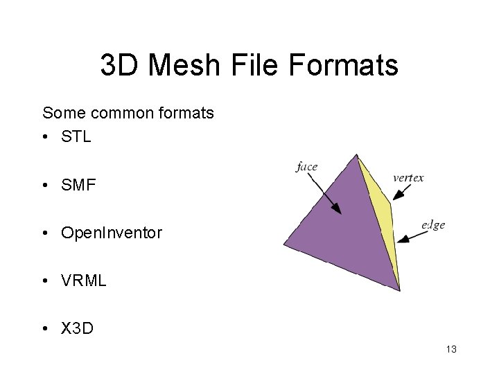 3 D Mesh File Formats Some common formats • STL • SMF • Open.