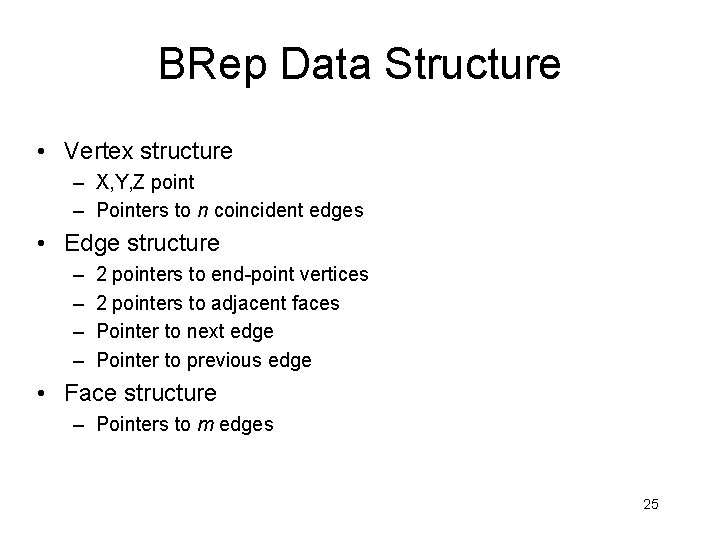 BRep Data Structure • Vertex structure – X, Y, Z point – Pointers to