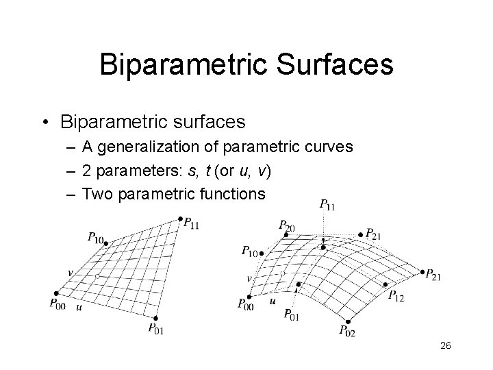 Biparametric Surfaces • Biparametric surfaces – A generalization of parametric curves – 2 parameters: