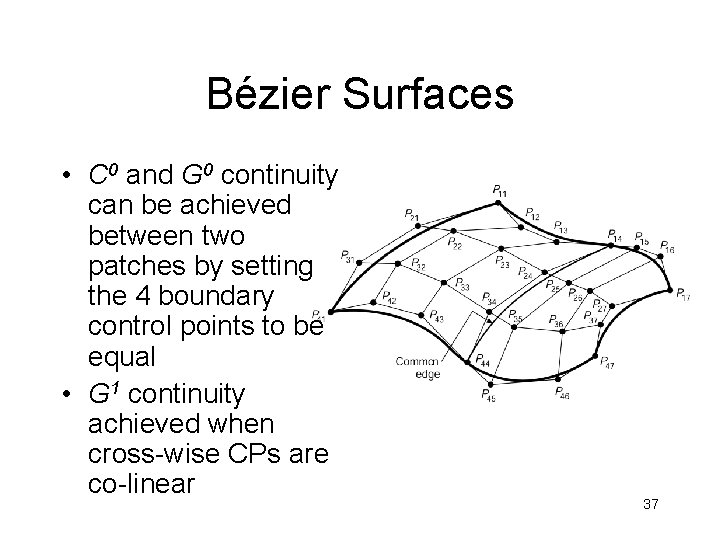 Bézier Surfaces • C 0 and G 0 continuity can be achieved between two
