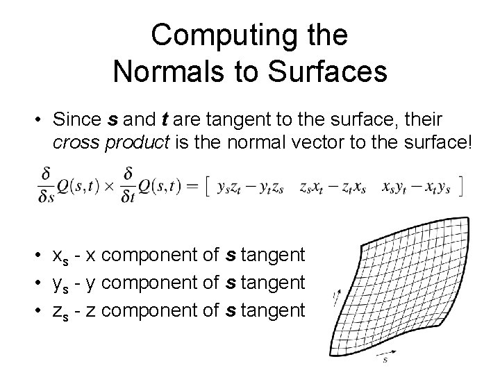 Computing the Normals to Surfaces • Since s and t are tangent to the