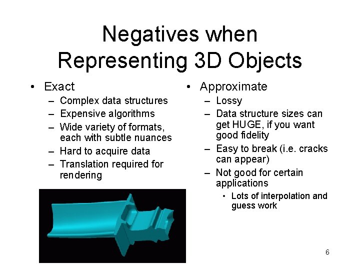 Negatives when Representing 3 D Objects • Exact – Complex data structures – Expensive