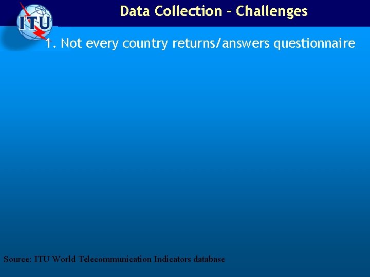 Data Collection – Challenges 1. Not every country returns/answers questionnaire Source: ITU World Telecommunication Data Collection – Challenges 1. Not every country returns/answers questionnaire Source: ITU World Telecommunication