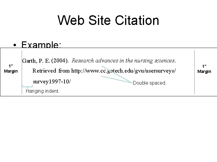Web Site Citation • Example: 1” Margin Garth, P. E. (2004). Research advances in