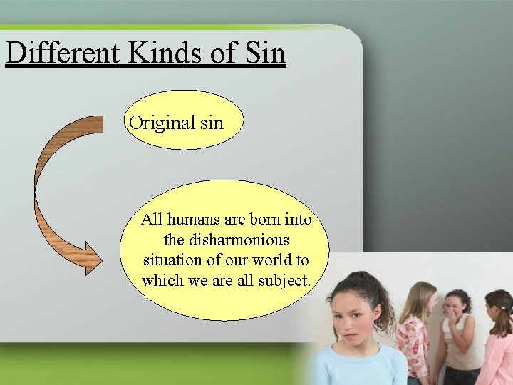 Different Kinds of Sin Original sin All humans are born into the disharmonious situation