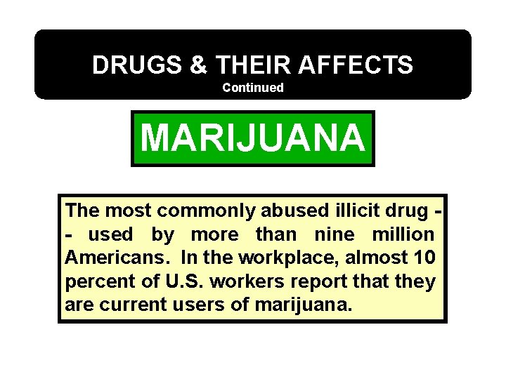 DRUGS & THEIR AFFECTS Continued MARIJUANA The most commonly abused illicit drug - used