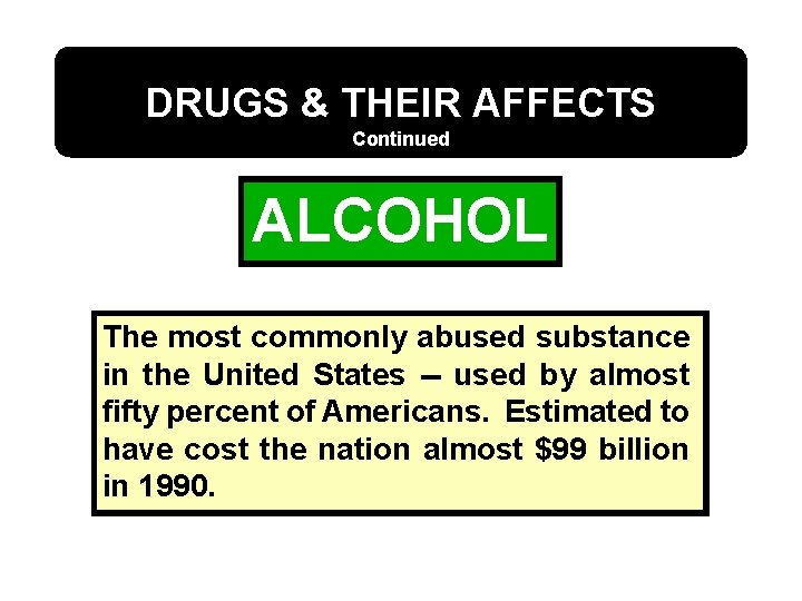 DRUGS & THEIR AFFECTS Continued ALCOHOL The most commonly abused substance in the United