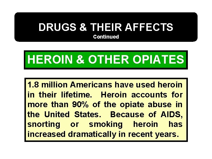 DRUGS & THEIR AFFECTS Continued HEROIN & OTHER OPIATES 1. 8 million Americans have